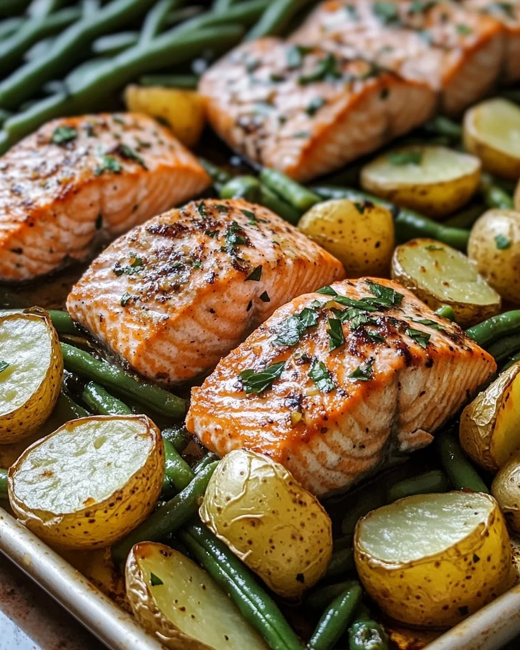 Einfaches Blechlachs Rezept mit grünen Bohnen und Kartoffeln