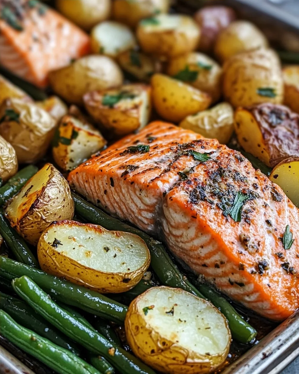 Einfaches Blechlachs Rezept mit grünen Bohnen und Kartoffeln
