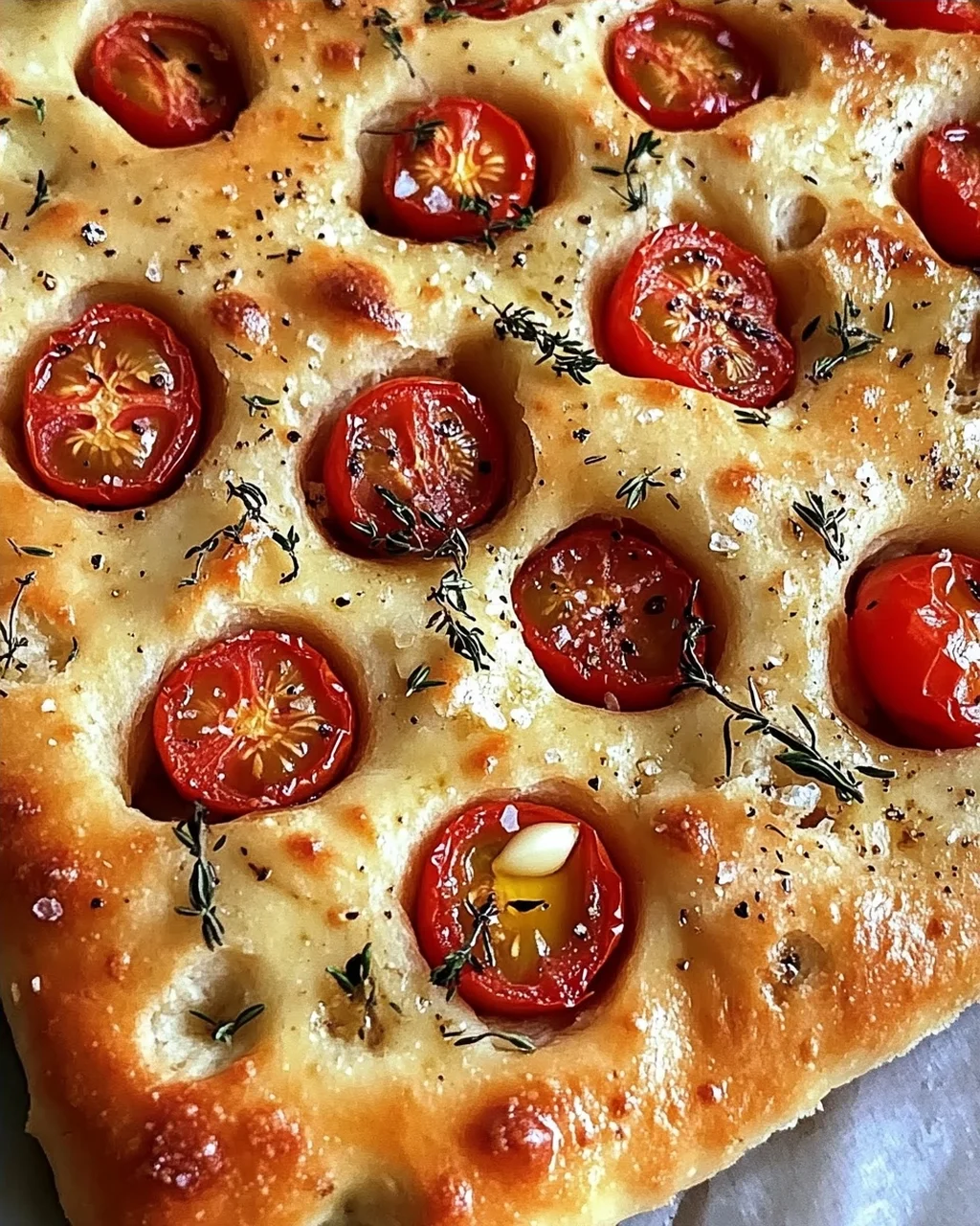Focaccia mit Tomaten, Knoblauch & Thymian