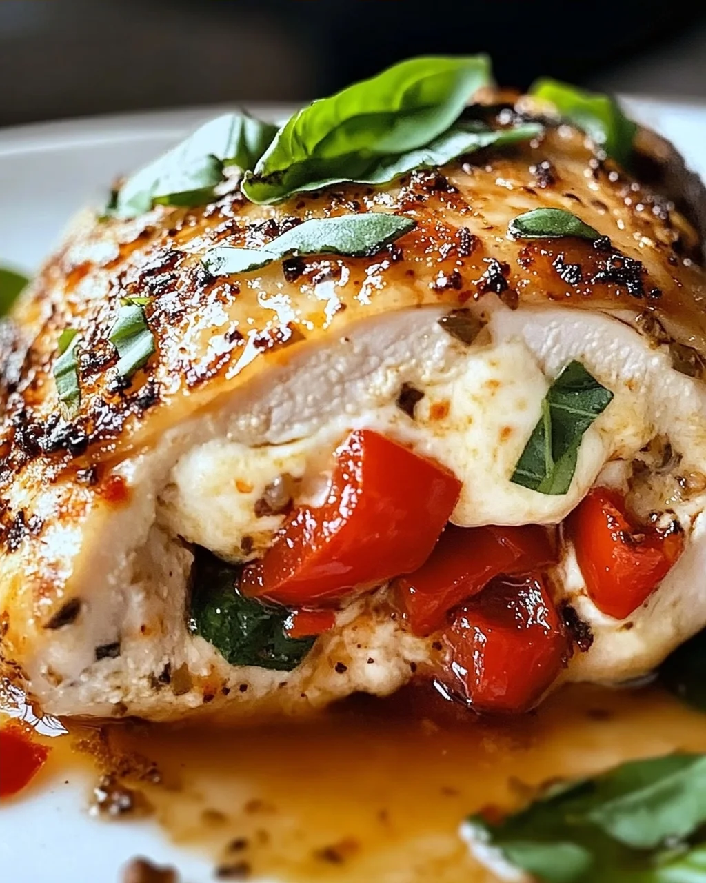 Geröstete rote Paprika und Mozzarella gefülltes Huhn