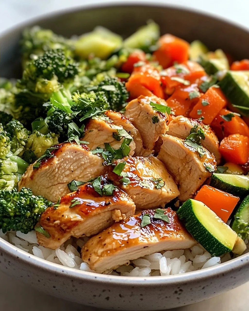 Hähnchen Reis Bowl mit Knoblauchbutter & frischem Gemüse