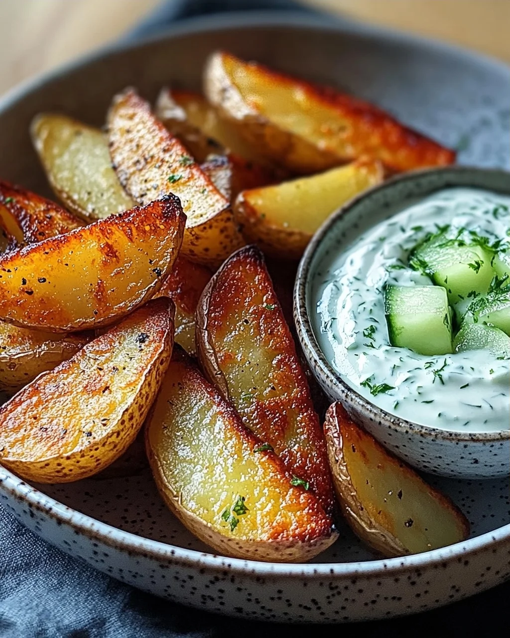 Kartoffelspalten mit Gurkendip
