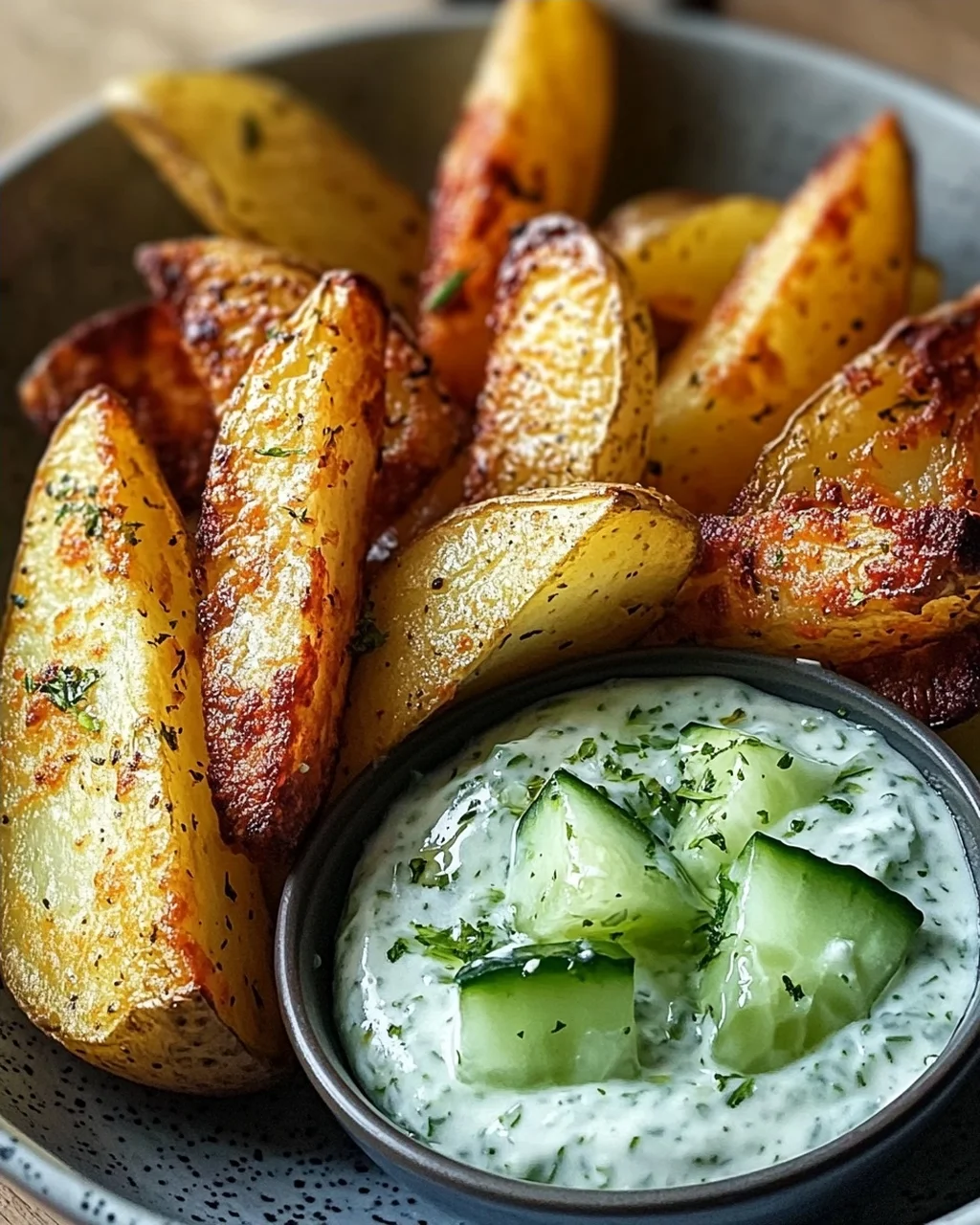 Kartoffelspalten mit Gurkendip