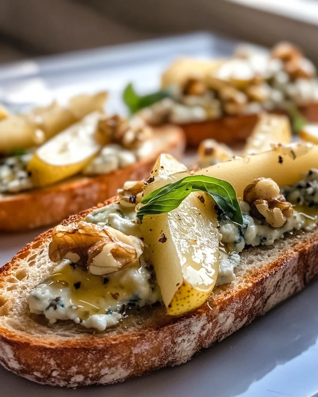 Köstliche Gorgonzola Birnen Bruschetta auf Baguette Rezept