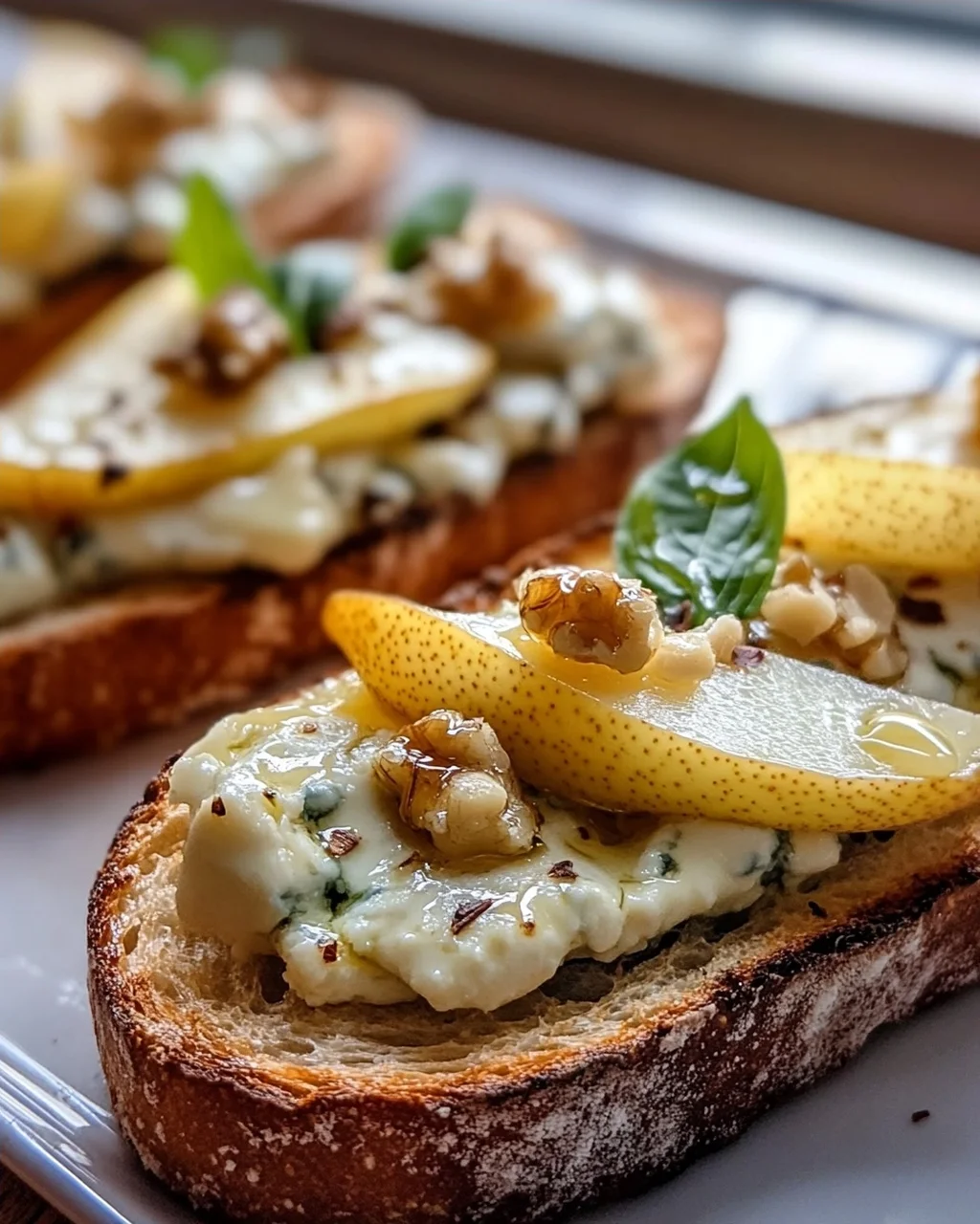Köstliche Gorgonzola Birnen Bruschetta auf Baguette Rezept