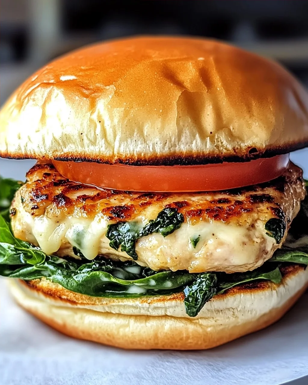 Leckere Weiße Cheddar Spinat Hähnchen Hamburger