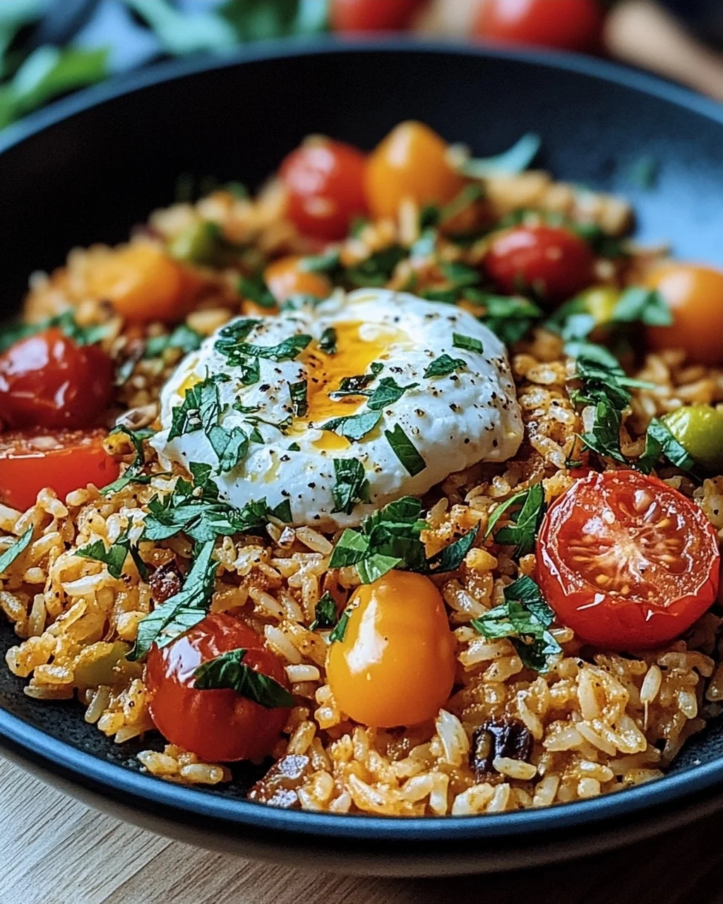 Mediterrane Reispfanne mit Burrata