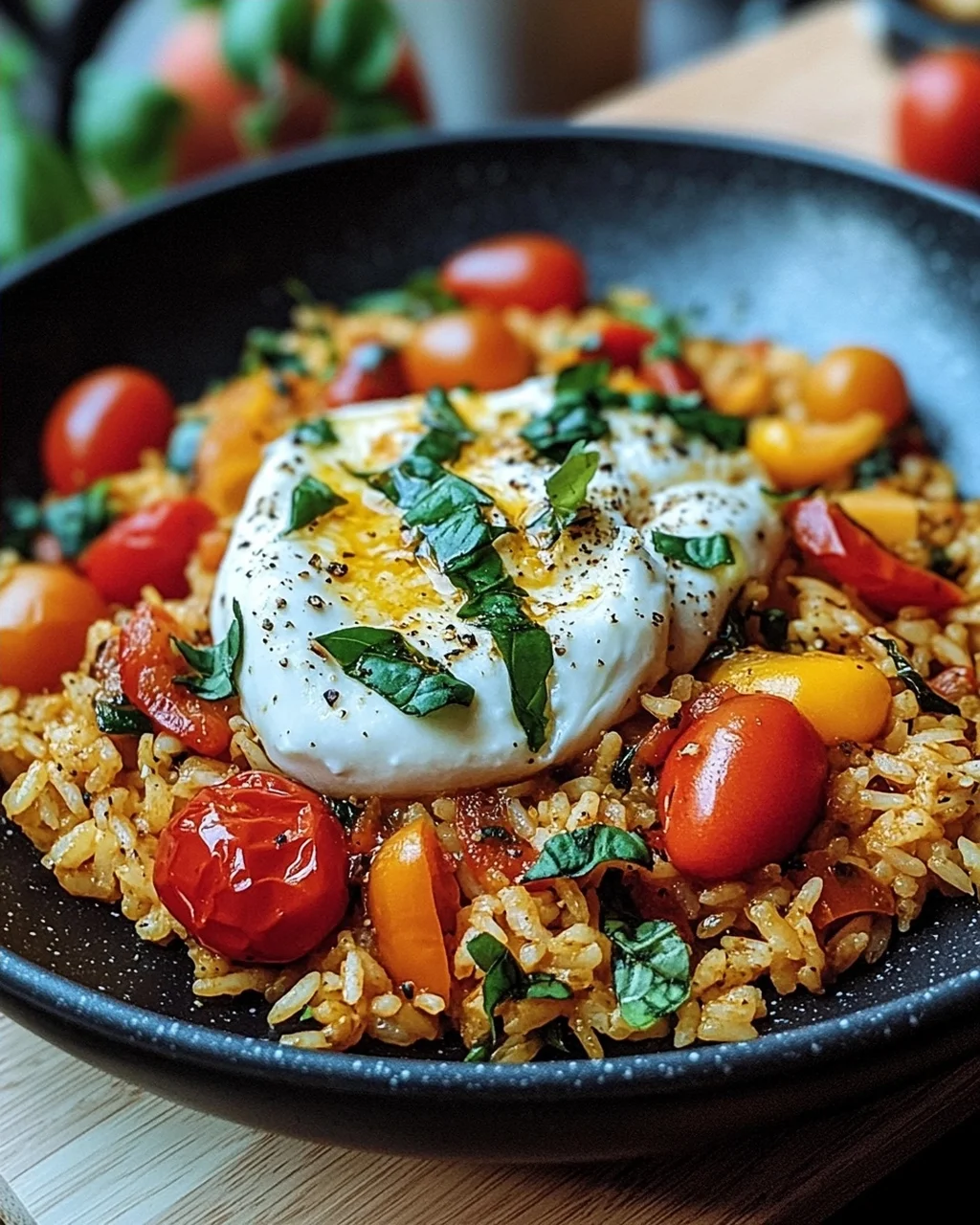 Mediterrane Reispfanne mit Burrata