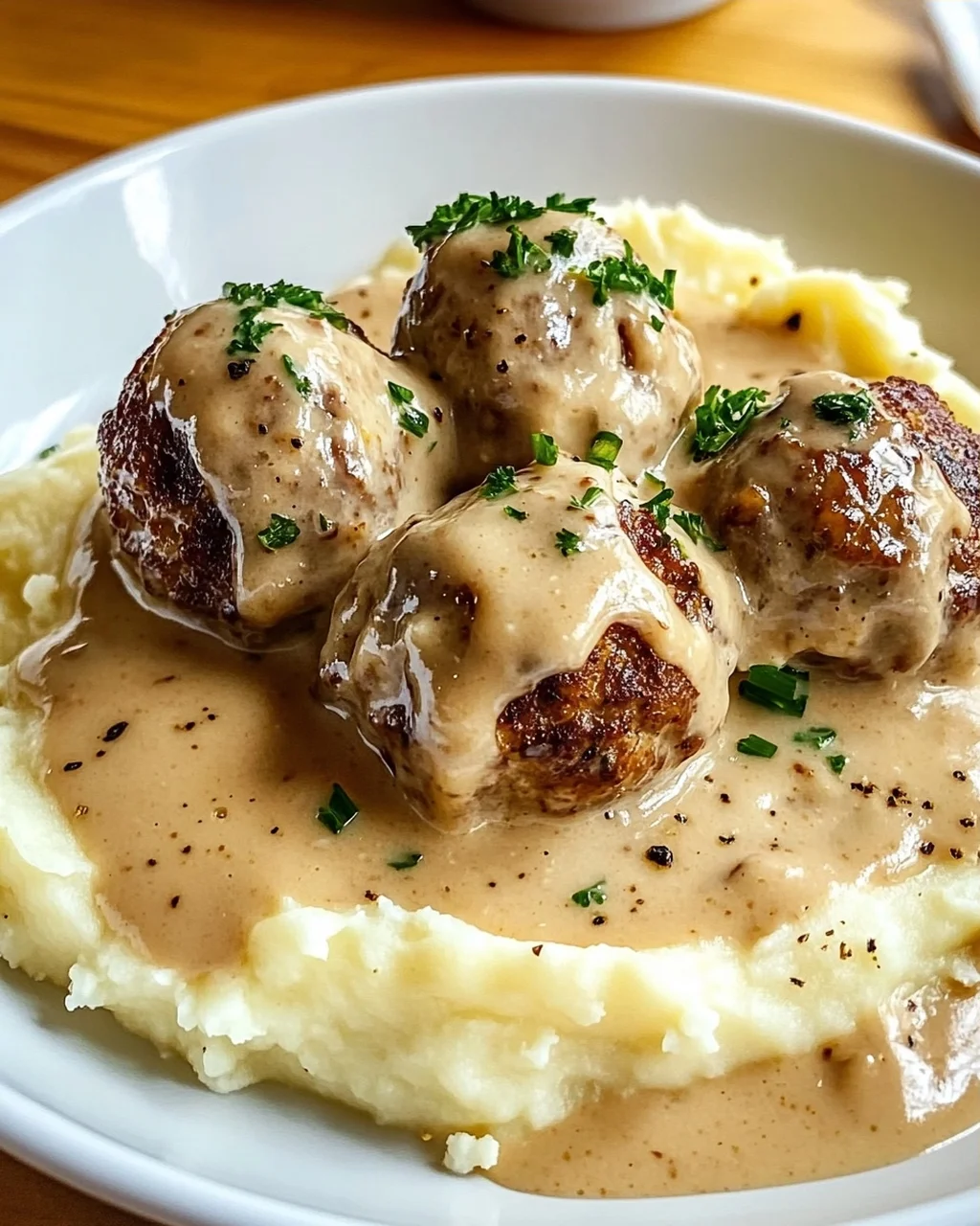 Saftige Hackbällchen in Rahmsauce & cremigem Kartoffelpüree