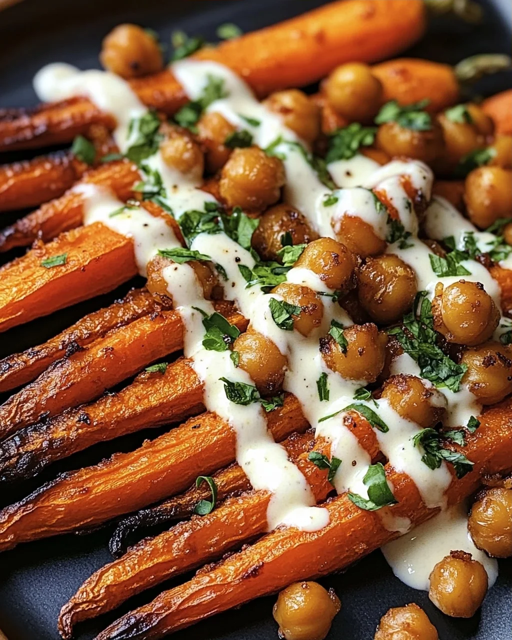 Spicy Maple-Roasted Carrots with Crispy Chickpeas and Yogurt Sauce