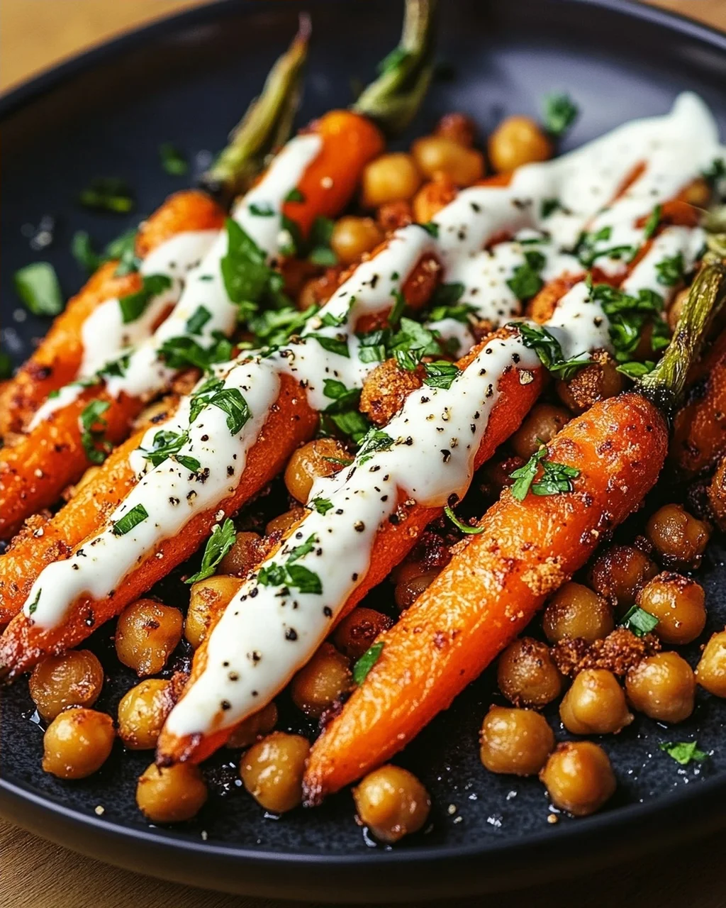Spicy Maple-Roasted Carrots with Crispy Chickpeas and Yogurt Sauce