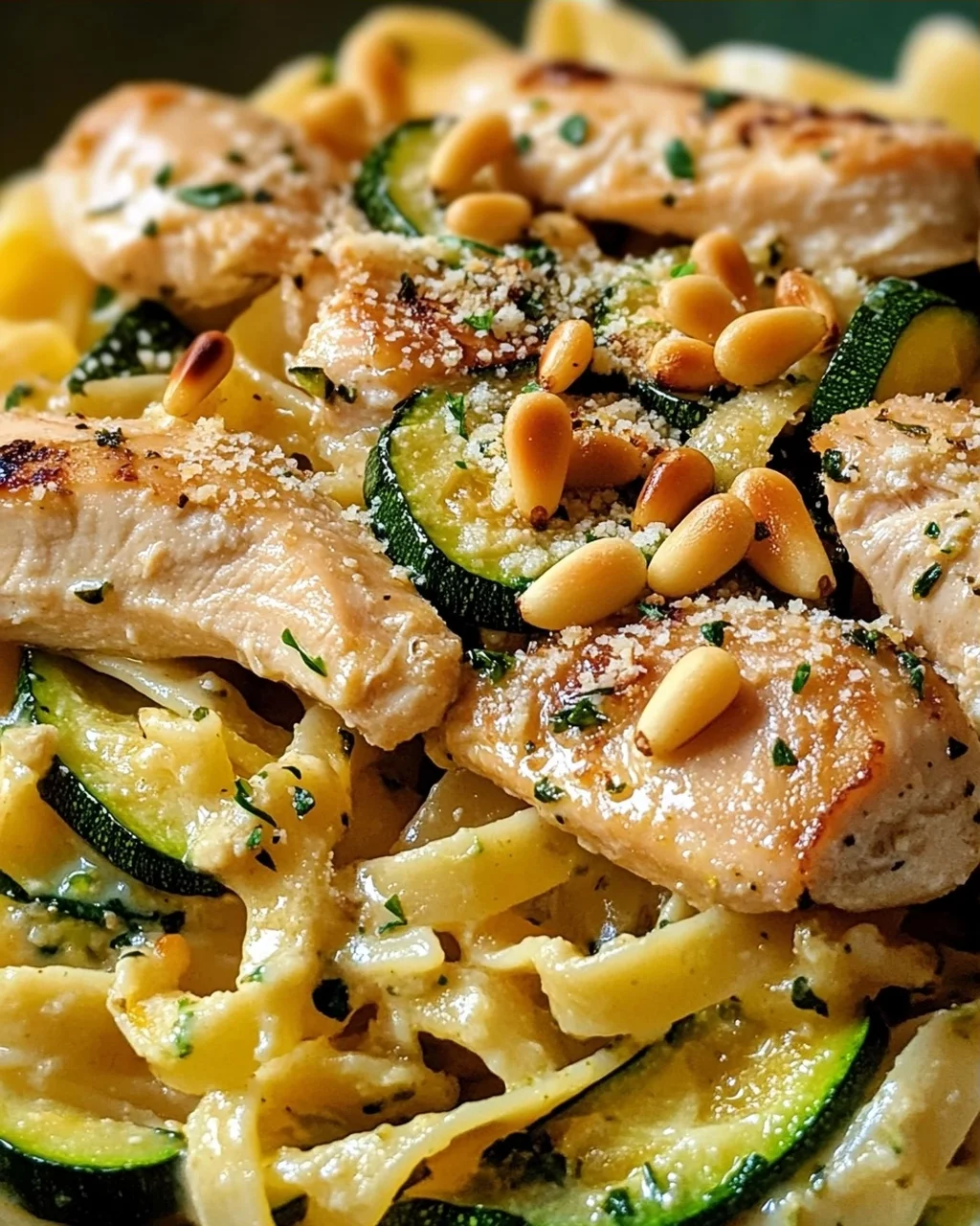 Zucchini Parmesan Pasta mit Hähnchen und Pinienkernen