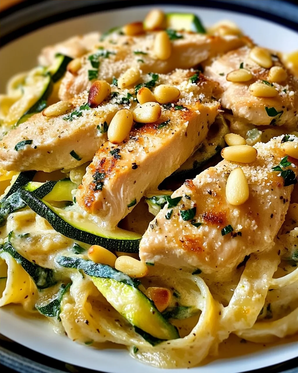 Zucchini Parmesan Pasta mit Hähnchen und Pinienkernen